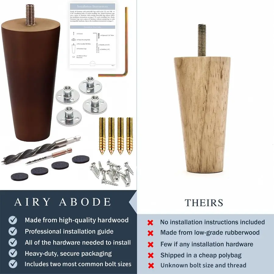 

Walnut Wood Furniture Legs Full Install Kit Pick Your Size and Color