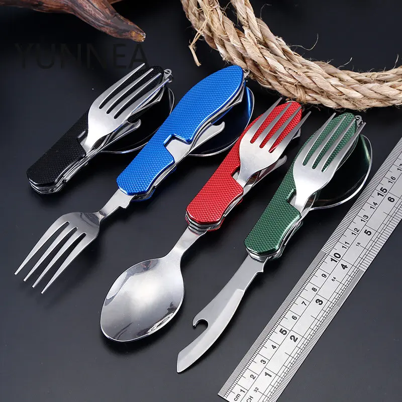 4 In 1 Outdoor Tableware Set Camping Cooking Supplies Stainless Steel Spoon Folding Pocket Kits Picnic Hiking Travel Tools