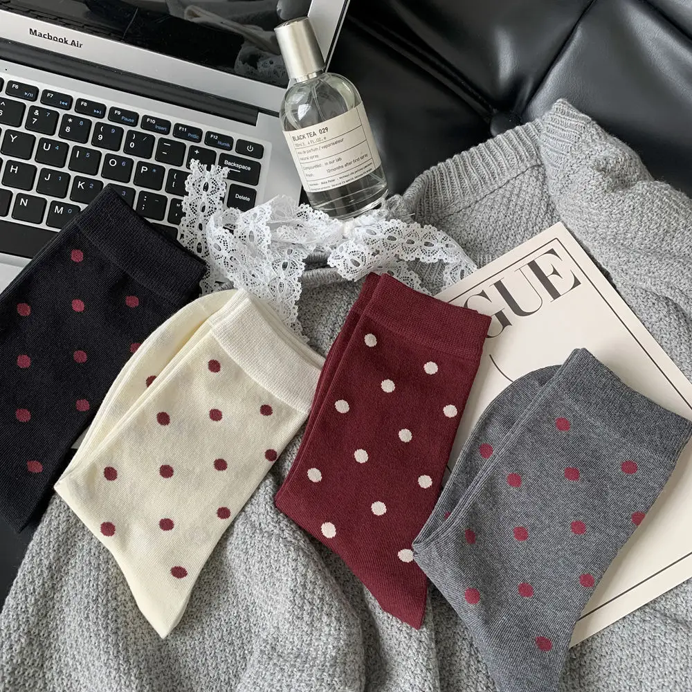 Harajuku Vintage Frauen Socken Herbst Winter Neue Gestrickte Baumwolle Elastische Lange Socken Frauen Polka Dot Japanischen Kawaii Nette Socken Sox – Detail 2
