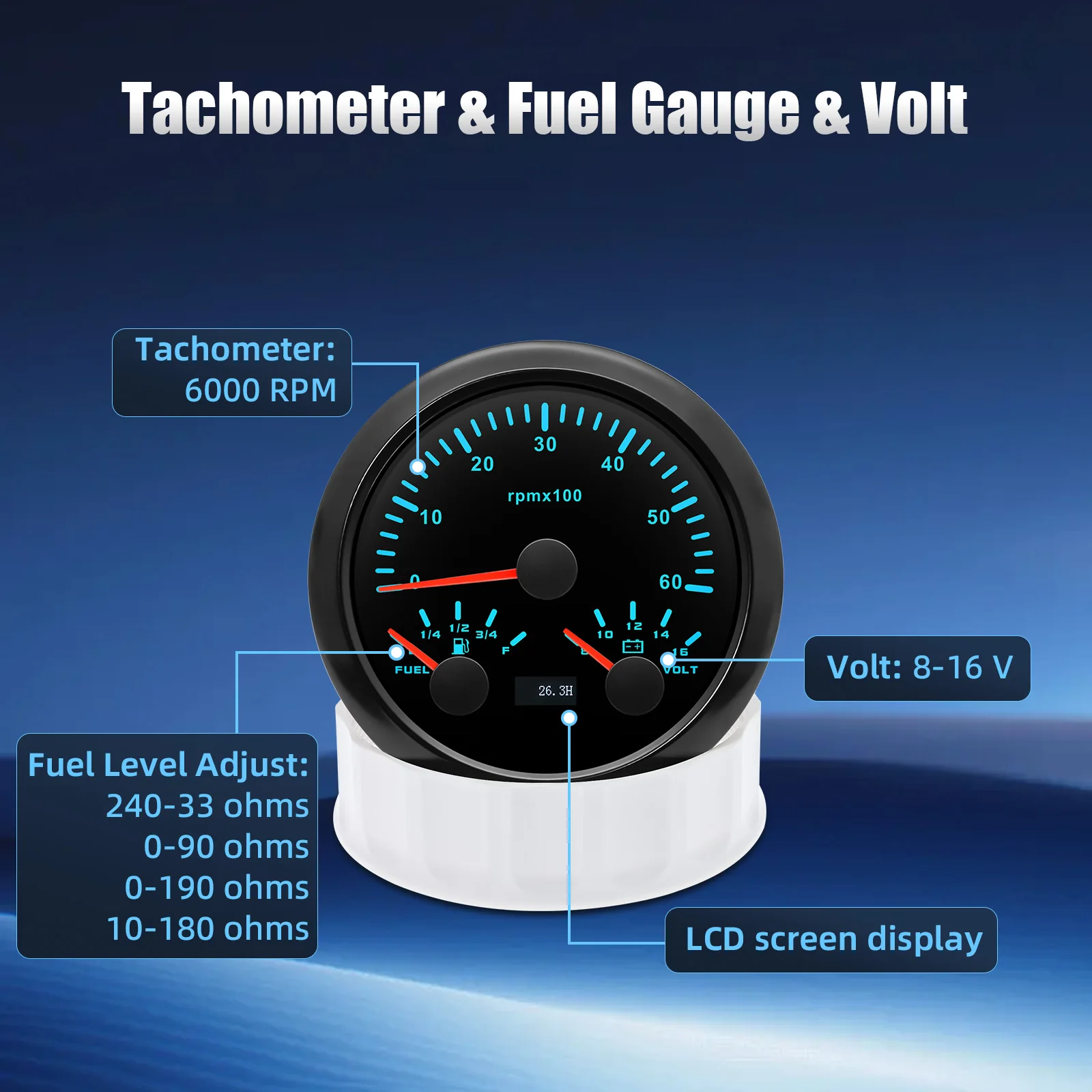 Morski 85mm 3w1 wielofunkcyjny miernik 8000 obr./min obrotomierz z wskaźnikiem poziomu paliwa woltomierz 7 kolorów podświetlenie 12V 24V