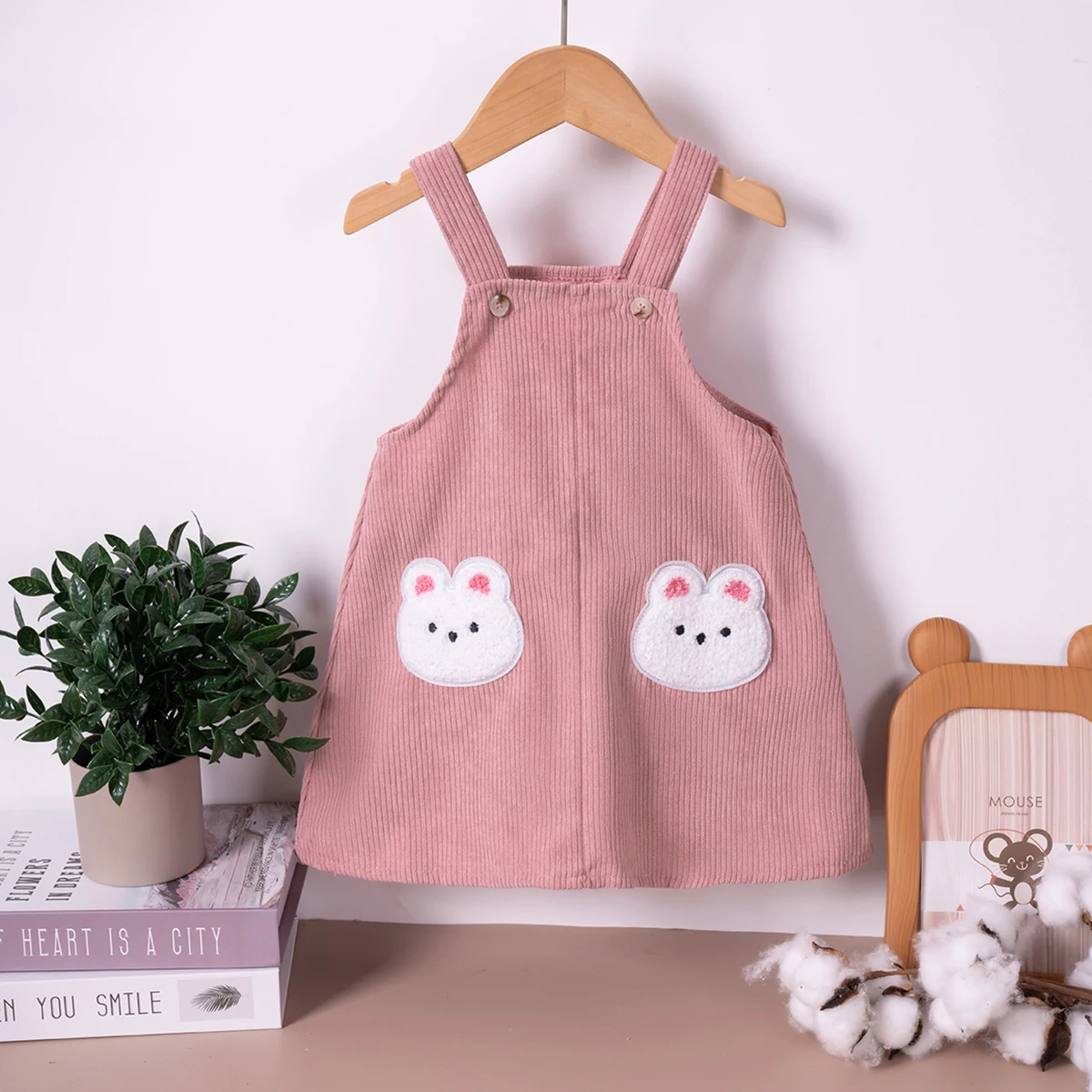 2024 Autumn And Winter Baby Girls Strap Dress Sweet And Cute Solid Color Baby Girl Rabbit Decoration Strap Dress Toddler Clothes