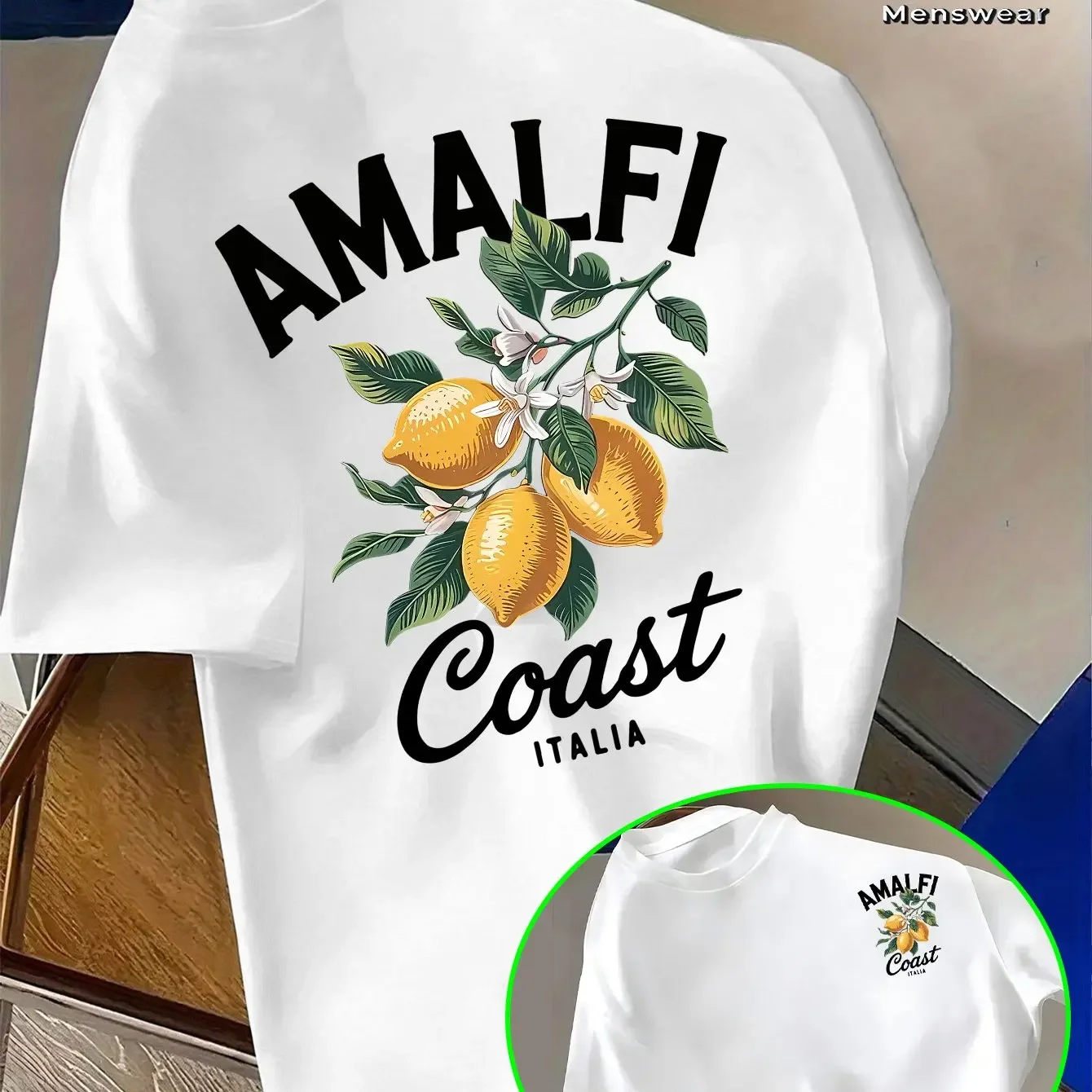 Men's 100% Cotton Amalfi Coast Lemon Pattern T-Shirt Summer Italian Vacation T-Shirt Breathable Casual Short-Sleeve Top view 4