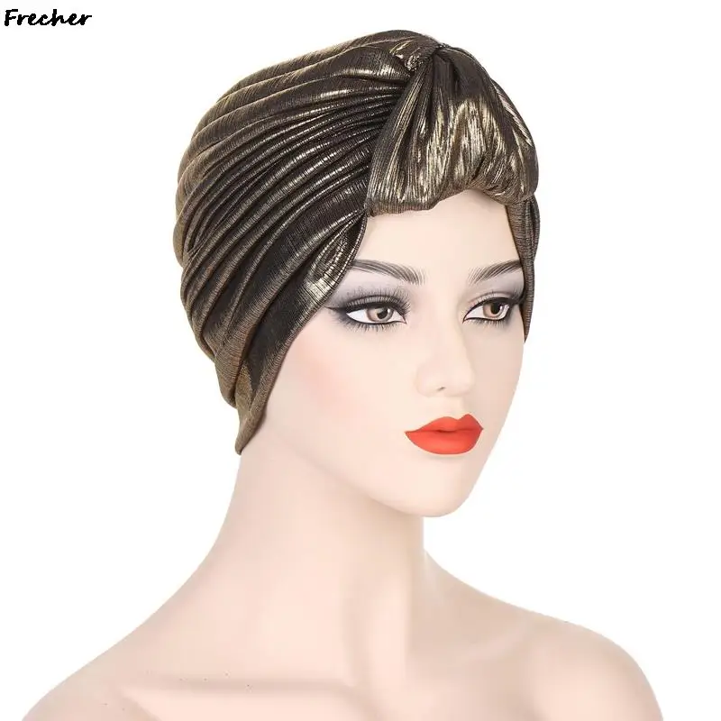 Chapeau turban en cuir brillant pour femme, casquettes intérieures plissées pour femme, couvre-cheveux musulman, bandeau de sauna, hijabs de fête de mariage, bandanas à la mode