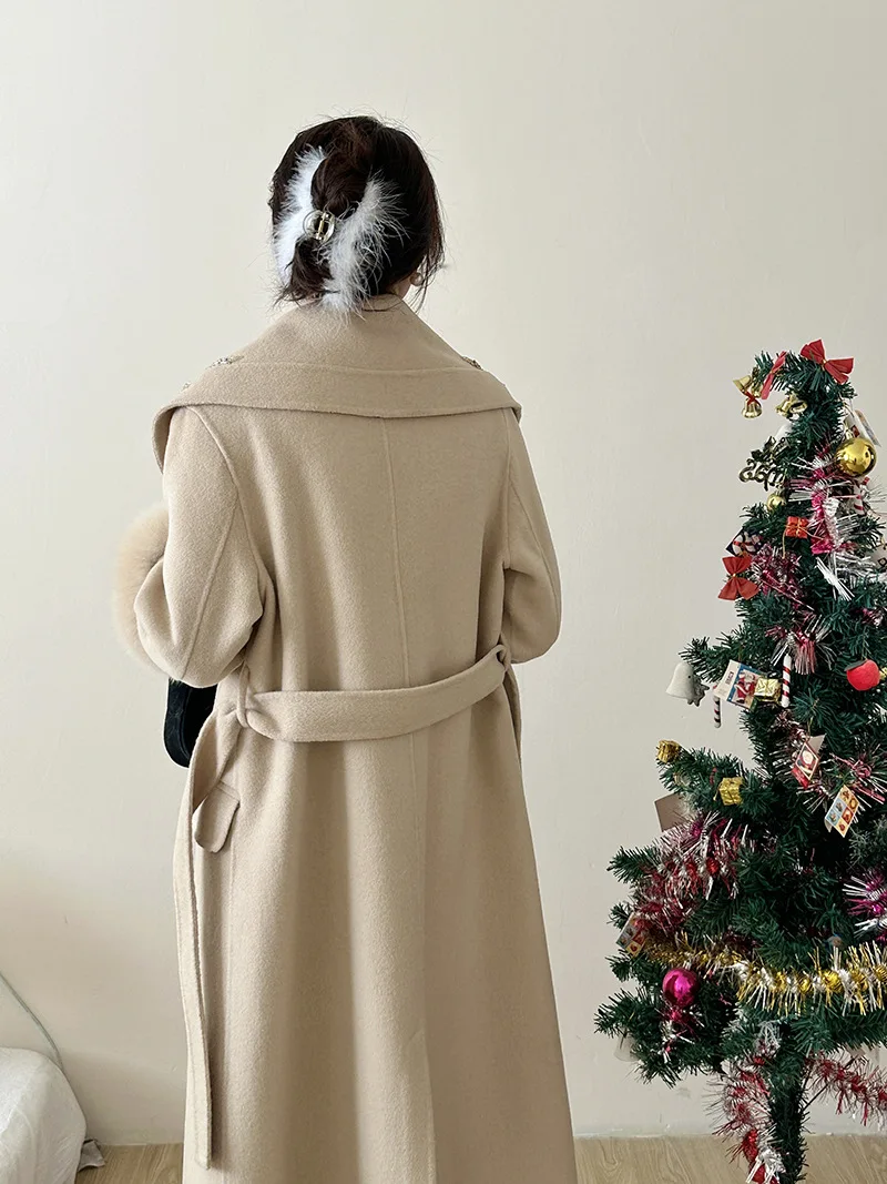 Abrigo de lana de doble cara para mujer, abrigo extra largo con bordado de cuentas de alta gama, piel de zorro, gran oferta