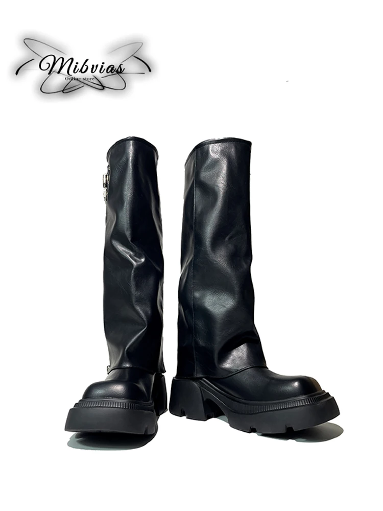 

Mibvias Women's 2024 Fashion Boots High Tube Pants Boots Thick Bottom Heightening Winter High Heel round Toe Leather Boots