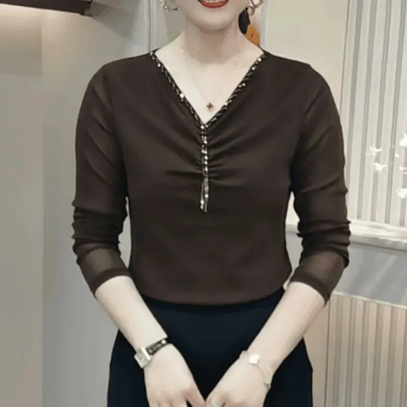 

Women's Elegant V-Neck Blouse Sheer Mesh Long Sleeve Ruched Front Slim Fit Solid Color Casual Top