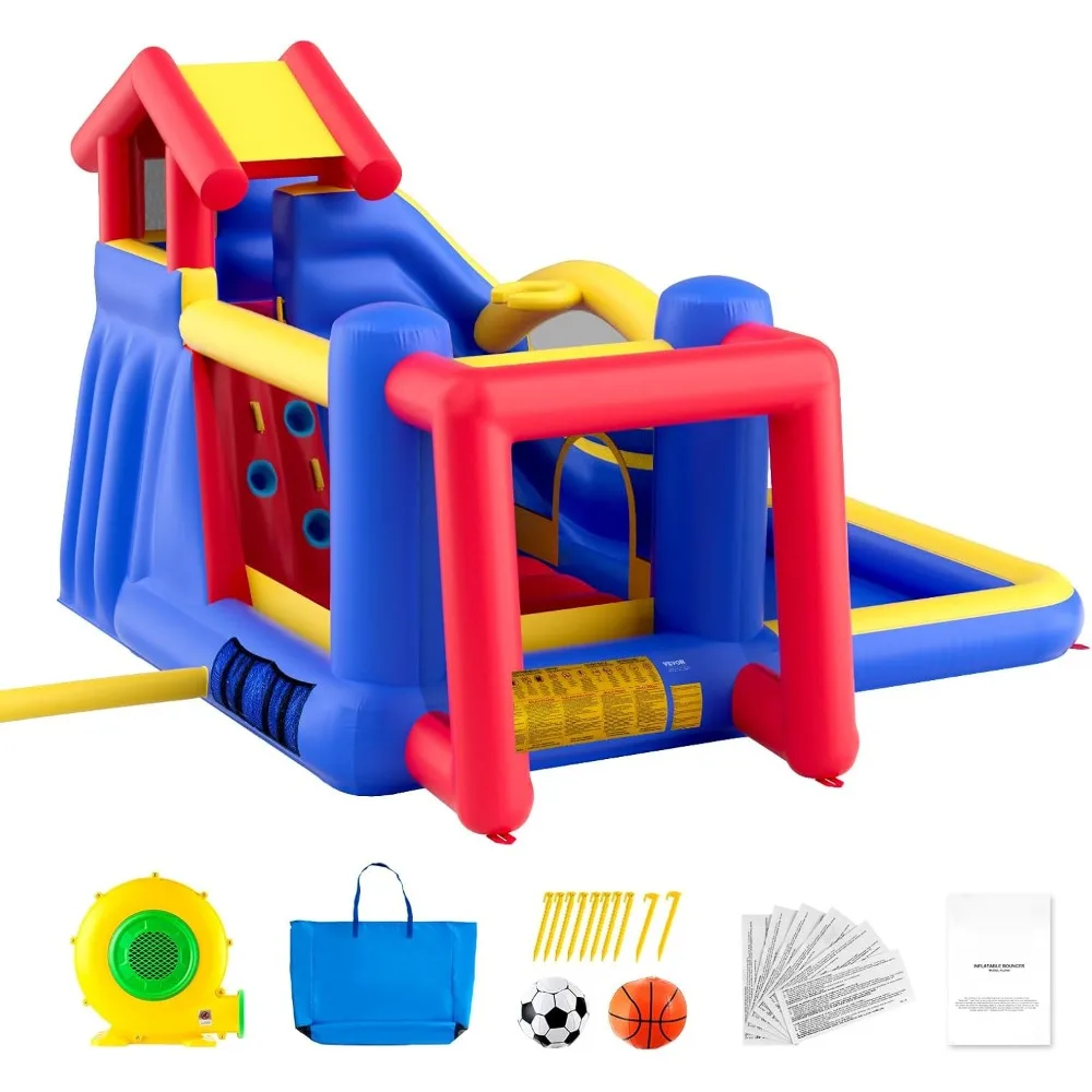 

Inflatable Bounce House, 131x133x91 inch Trampoline, Outdoor Playhouse with Blower, Slide, Storage Bag, Backyard Bouncy