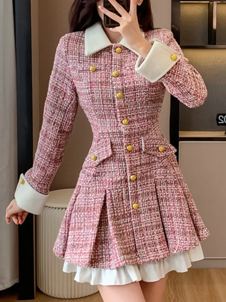 

Women's Patchwork Single Breasted Dress French Tweed Woolen Office Dresses Fashion One Piece Femme Clothes Autumn Winter