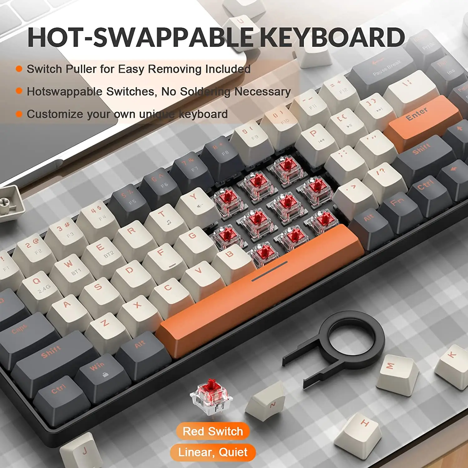 Wireless Mechanical Keyboard Bluetooth Dual Mode Hot-Swappable Mini 68-Key Red Switch for PS4 PC Xbox iPhone iPad