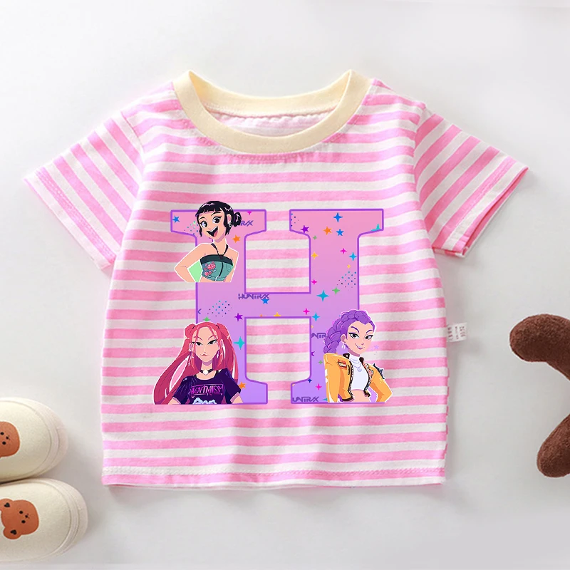 Kaus Bergaris Pemburu Setan K-pop untuk Anak-anak Kaus Lucu Manis Musim Panas Anak Perempuan Atasan Lengan Pendek Gambar Cetak Huruf A-Z Kartun