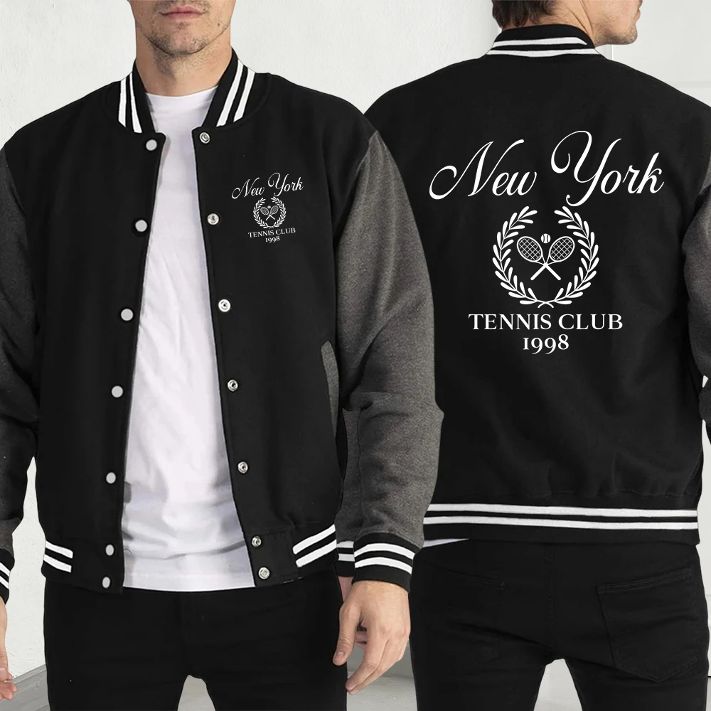 

New York Tennis Club Print Men Hip Hop Streetwear Casual Loose Clothing Fashion Oversize Jackets Autumn Fleece Baseball Jersey