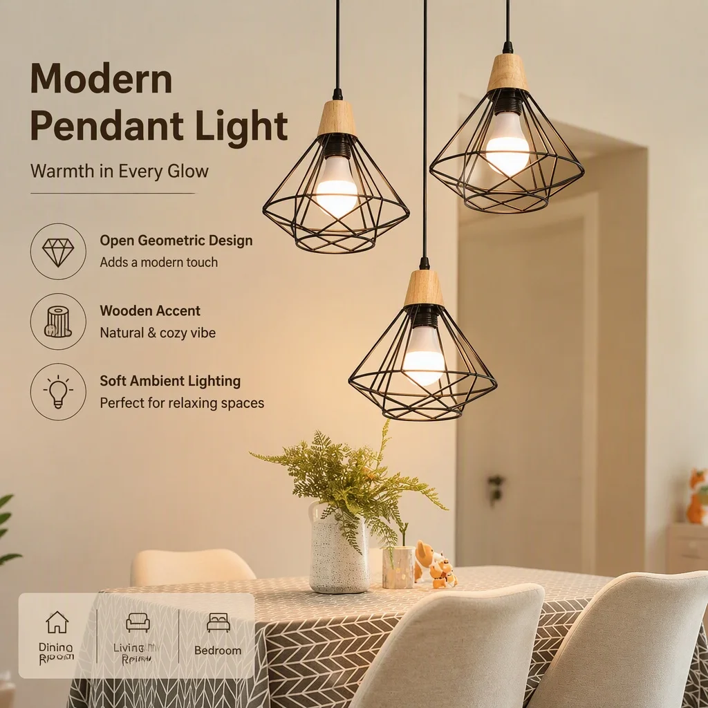 JOYINLED 3-Licht Moderne Pendelleuchte, Industrielles Geometrisches Metall- & Holzdesign - Schwarze Metallbeleuchtung E27 Kronleuchter, Ohne Leuchtmittel
