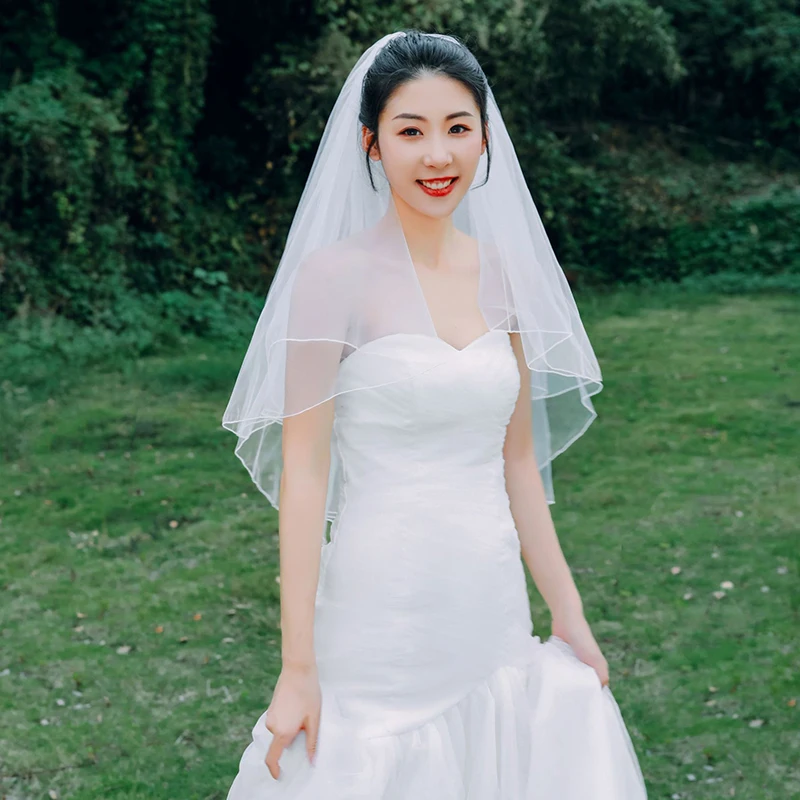 สีขาวงาช้าง Wedding Veil กับหวี2ชั้น Tulle Welon อุปกรณ์จัดงานแต่งงานสั้นเจ้าสาว Voile Mariage Velo Novia