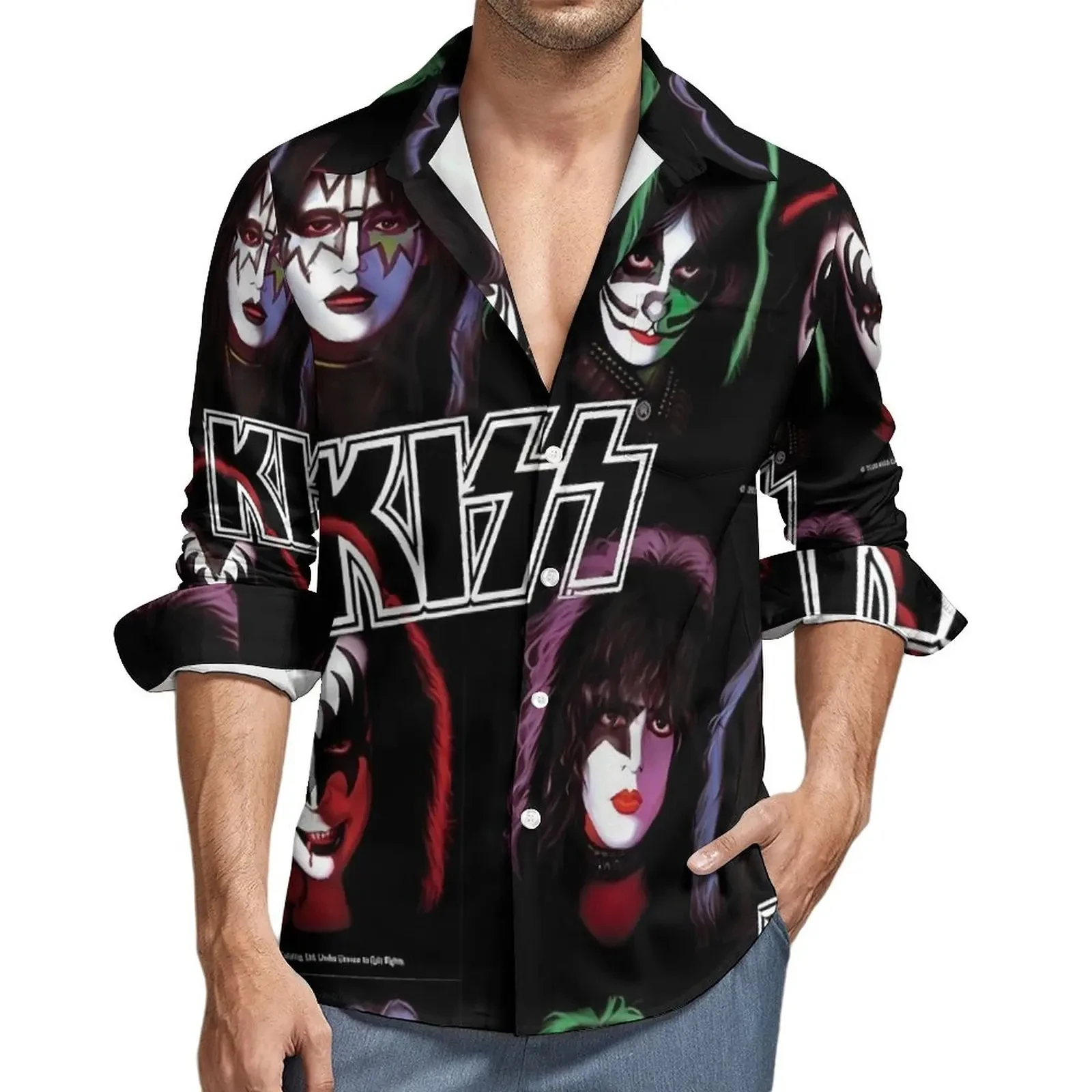 Homens e mulheres Kiss Band Camisa de lapela estampada 3D, moda casual, camisas de mangas compridas, roupas unissex de grandes dimensões