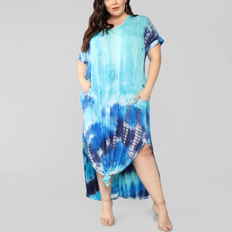 

Women's high-elastic printed straight V-neck long casual dress, short-sleeved pocket irregular dress in summer,