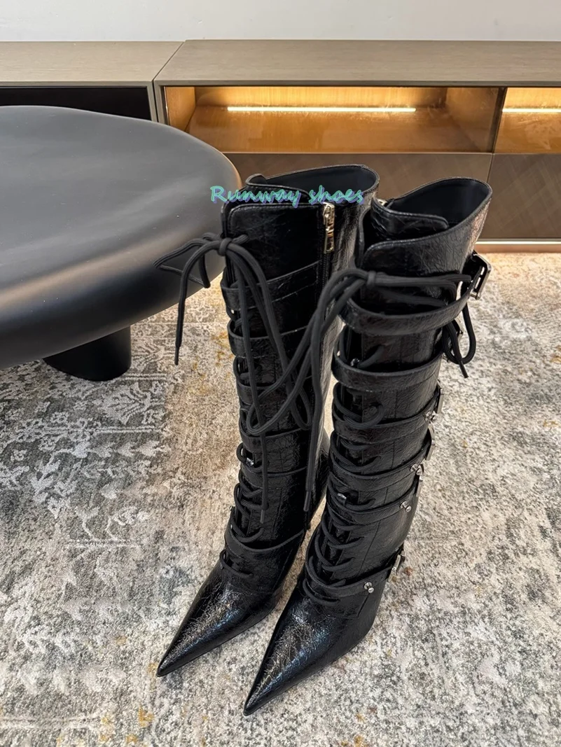 Handmade Color-Blocked Knee-High Boots  Stilettos Cross Straps Women's Boots Christmas Party Runway Boots Luxury Winter Boots