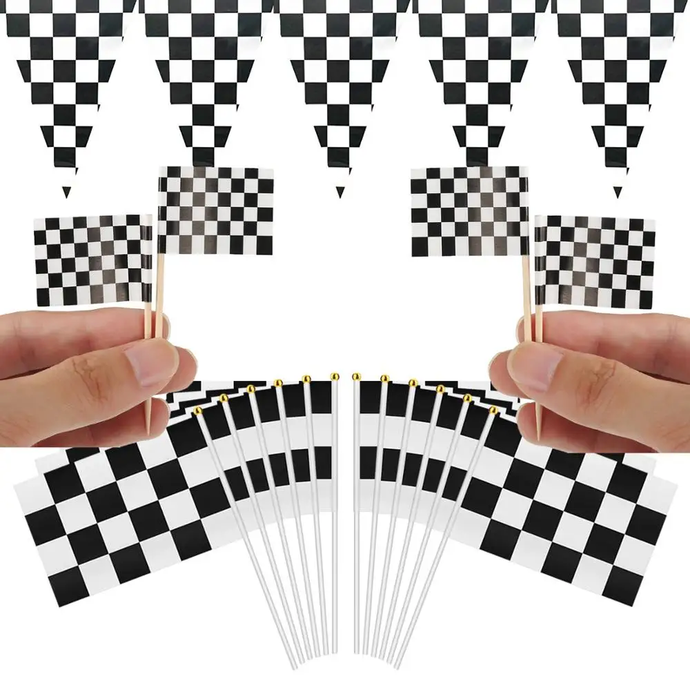 Racing car cake topper Black white plaid birthday supplies Chess Motorcycle Checkered Flags baby shower party favors for Boys