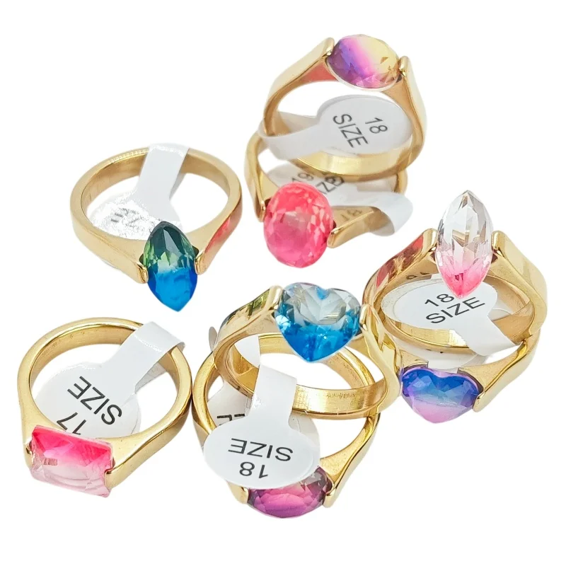 Wholesale 12 Pcs Gradient Zircon Multi Cut Solitaire Stainless Steel Rings Unisex Trendy Mixed Shape Daily Bulk Jewelry Supply