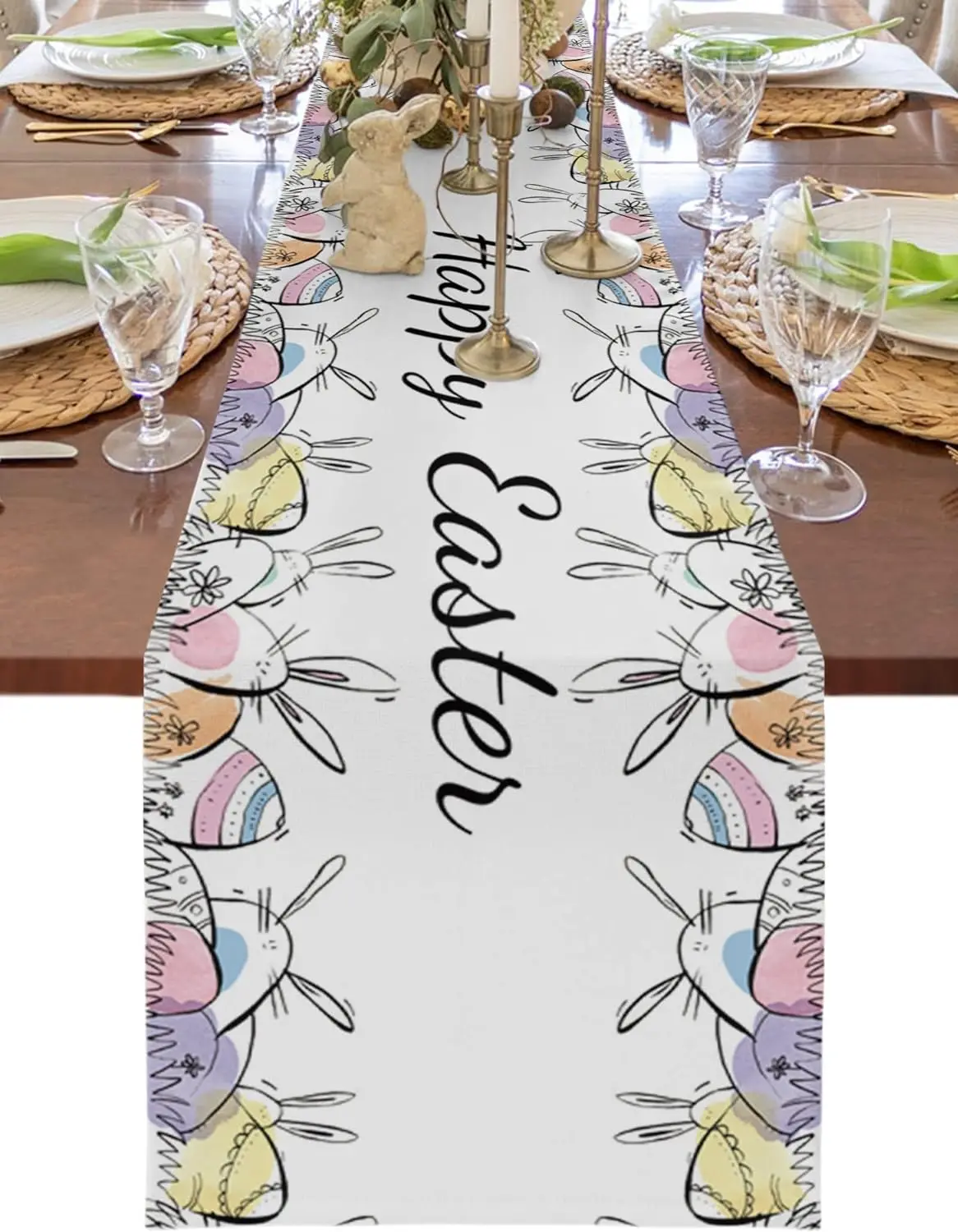 

Easter Egg Cute Rabbit Bunny Grassland Linen Table Runner Dresser Scarf Table Decor Spring Seasonal Kitchen Holiday Party Decor