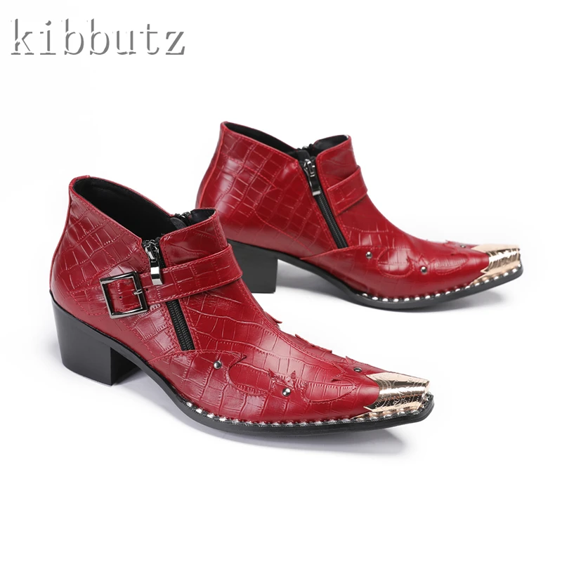 

Men Red Genune Leather Short Boots Designer Metal Toe Rivets Buckle High Heel Dress Boots Male Wedding Party Ankle Boots