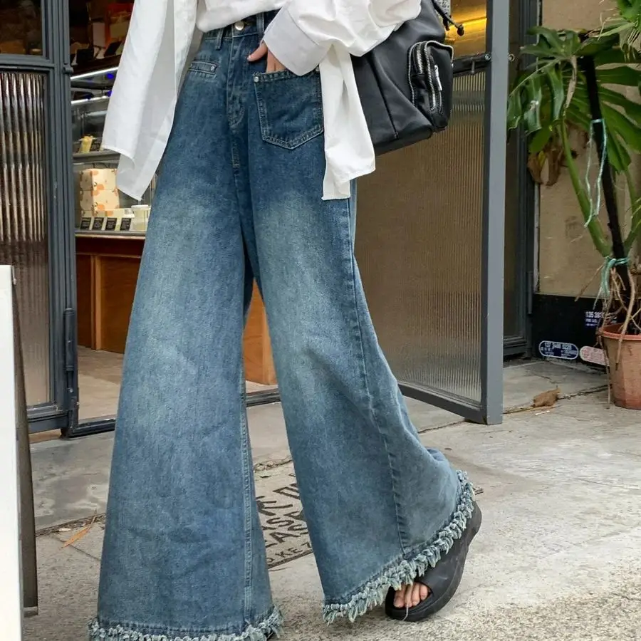 

Women's Wash Wide Leg Denim Pants High Waisted Frayed Hem Trousers Soft Stretch Casual Plus Size Commuting Straight Leg Jeans
