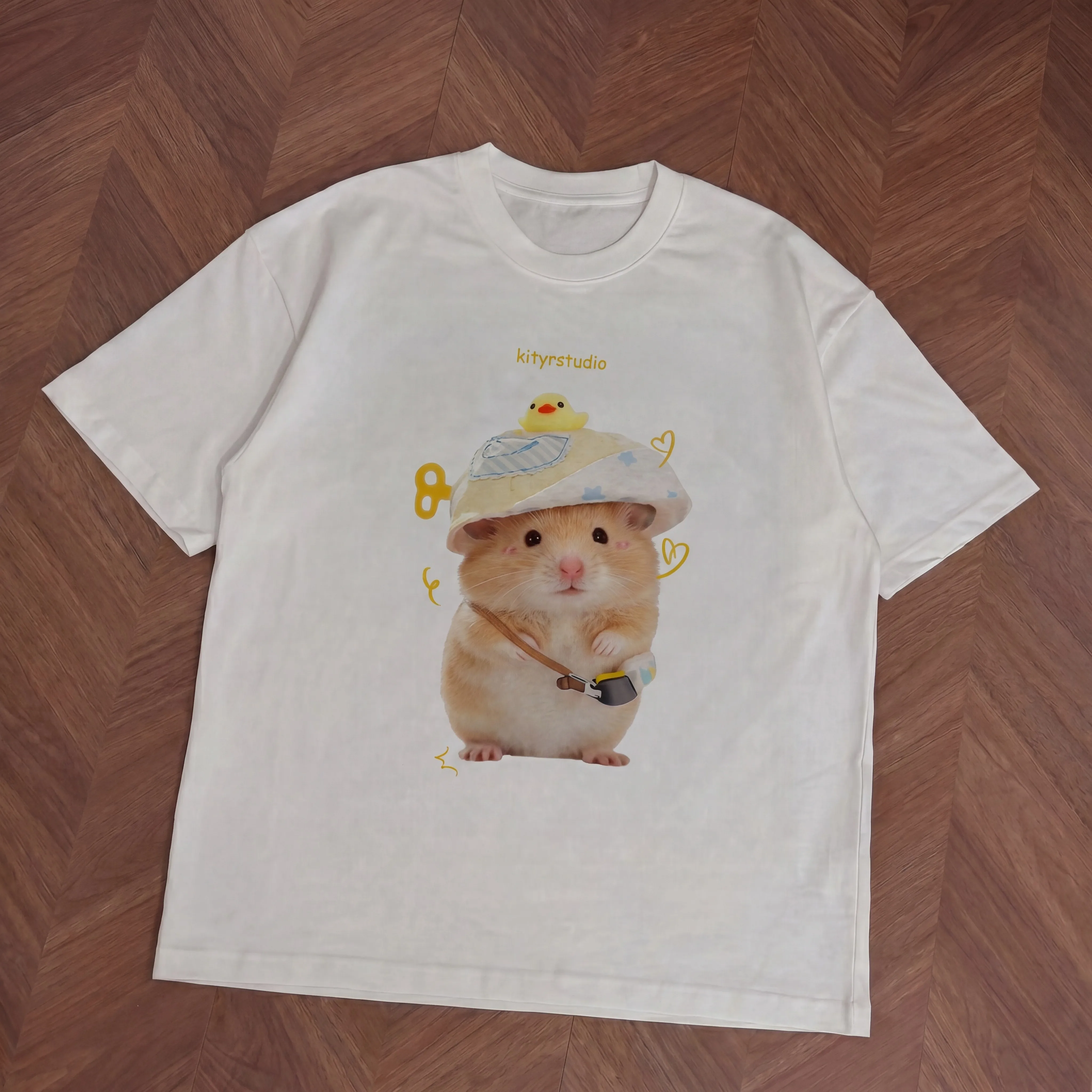 Cute Hamster With Duck Hat Print T Shirt Women Casual Loose Short Sleeve Top Lovely Animal Graphic Daily Cotton Tee
