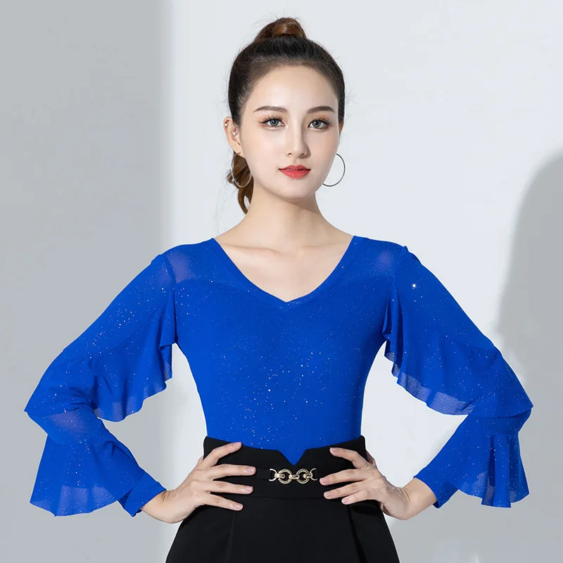 Women Sequin Latin Top New Autumn Long Sleeve Jumpsuit Adult Women International Ballroom Dance Costume Modern Latin Dance Tops