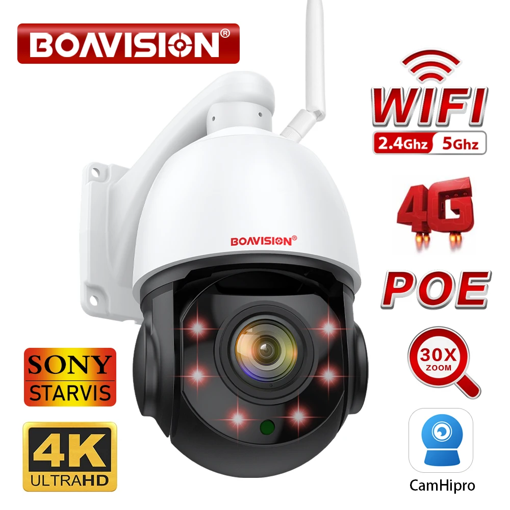 

4K 8MP Surveillance Camera WIFI/4G SIM Card/POE 30X PTZ Outdoor Human Auto Tracking 2-Way Audio 2.4Ghz 5Ghz Wifi Security Camera