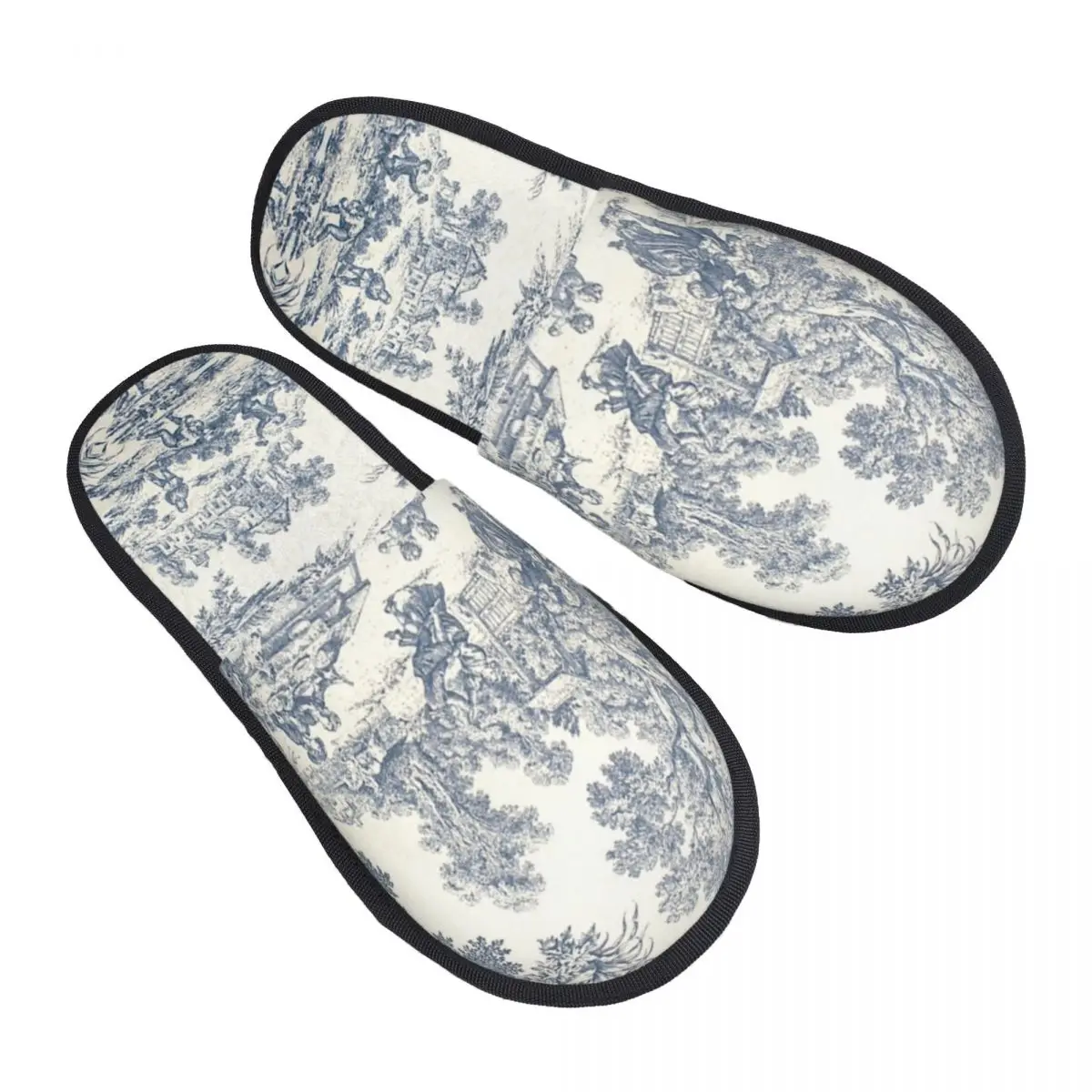 

Custom Toile De Jouy Number 2 Memory Foam Slippers Women Comfy Warm French Navy Blue Motif House Slippers