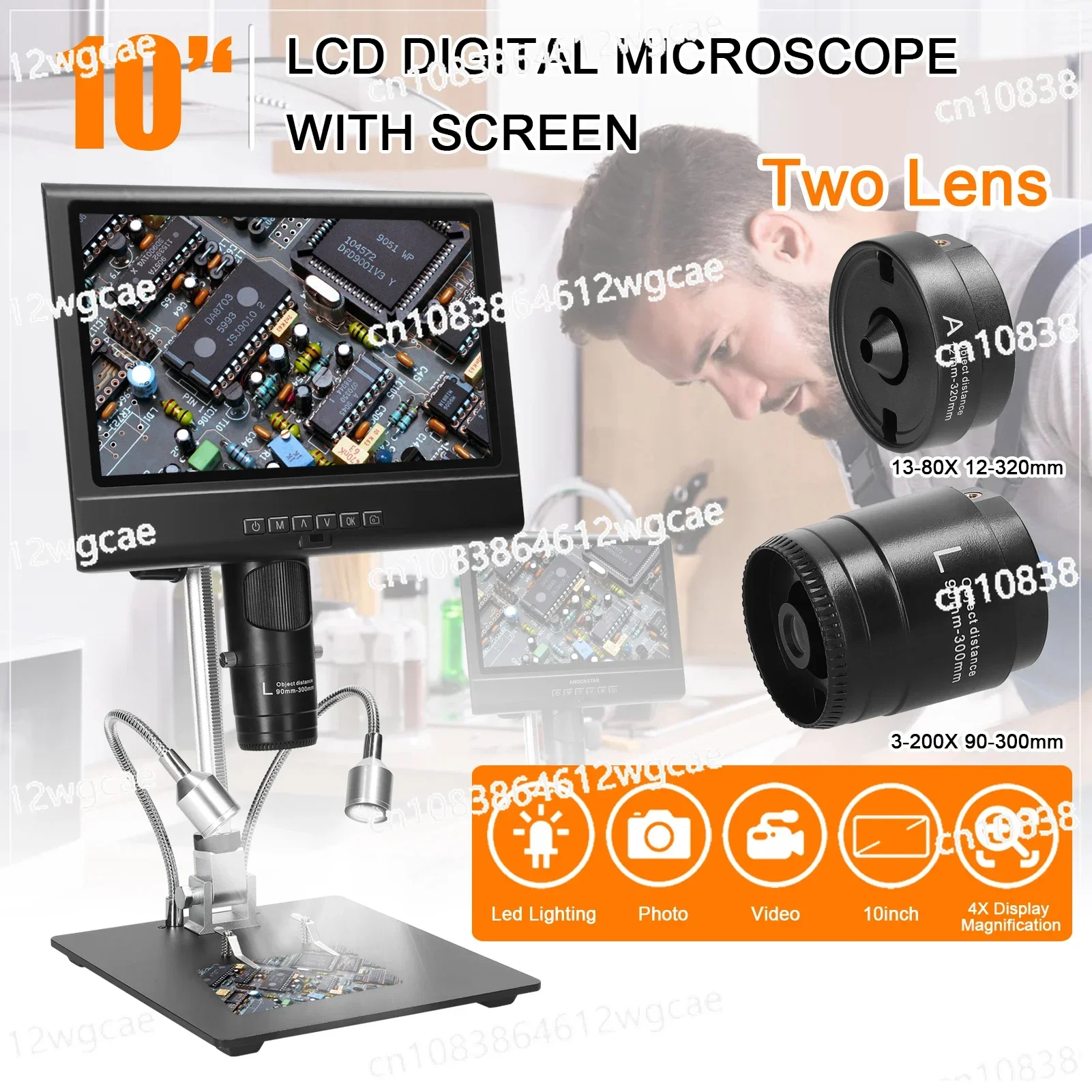 AD209 Digital Microscope for Soldering Two Lens 4X Magnification Professional Microscope 10inch LCD Display LED Lamp