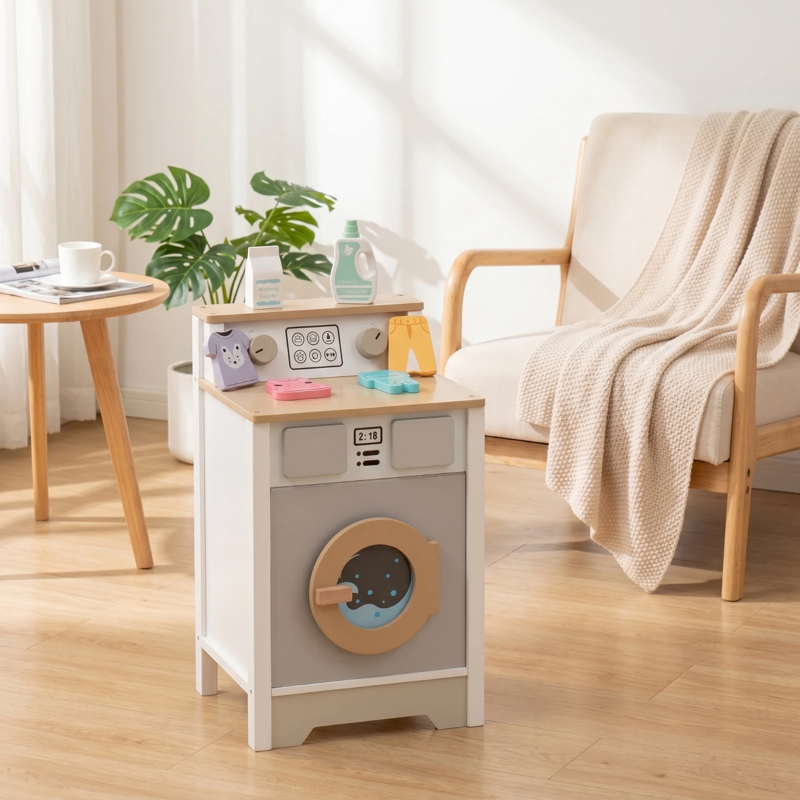 Toy Washing Machine Wooden Washing Machine Toy Play Washer Interactive Washer and Dryer Playset Sturdy for Children, Playroom