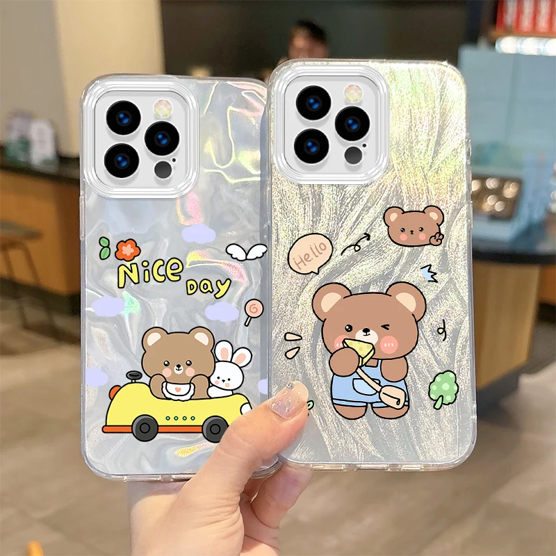 New Adorkable Cartoon Brown Bear Gradient For iPhone 16 Pro Max Case 15 14 13 12 11 8 7 Pro Max Plus XS XR Hard Shockproof Cover