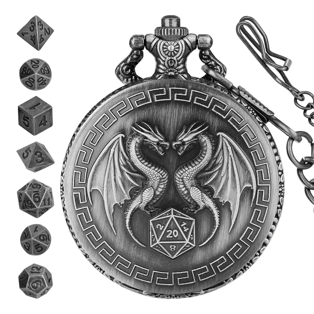 Grey Black/Bronze Double Dragon Pocket Watch Case Mini Dice Set Novel Gift for Dice Lovers Fob Chain Pendant Polygon Game Dices