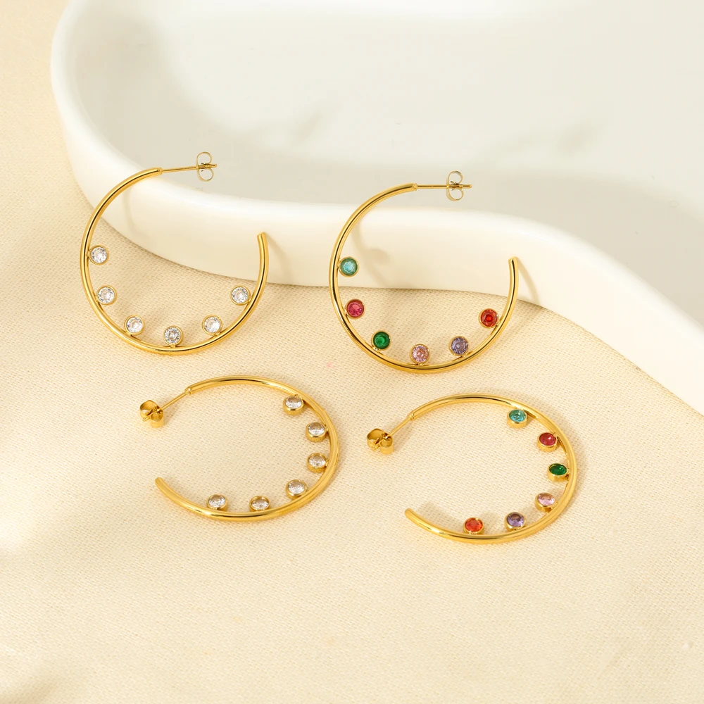 

New 16K Gold Plated Stainless Steel Post Cubic Zirconia Hoop Earrings for Women Delicate C Shaped Studs Jewelry Gift