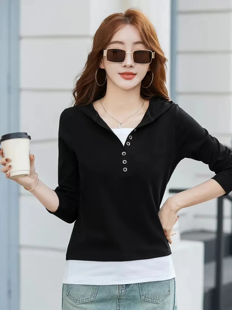 New Women Spring Hooded T-shirt Fashion Patchwork Contrast Color Design Long Sleeve Hoodies Casual Loose Fake 2 pieces Tees Tops