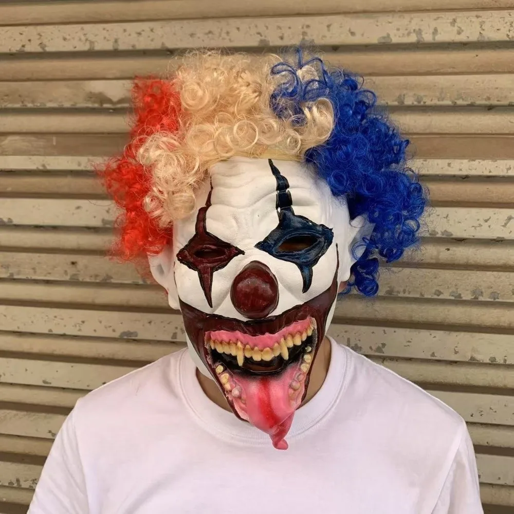Terrifying Clown Costume Mask Colorful Hair Toothy Tongue Out Ghost Festive Mask JingleJangle Style Scary Design