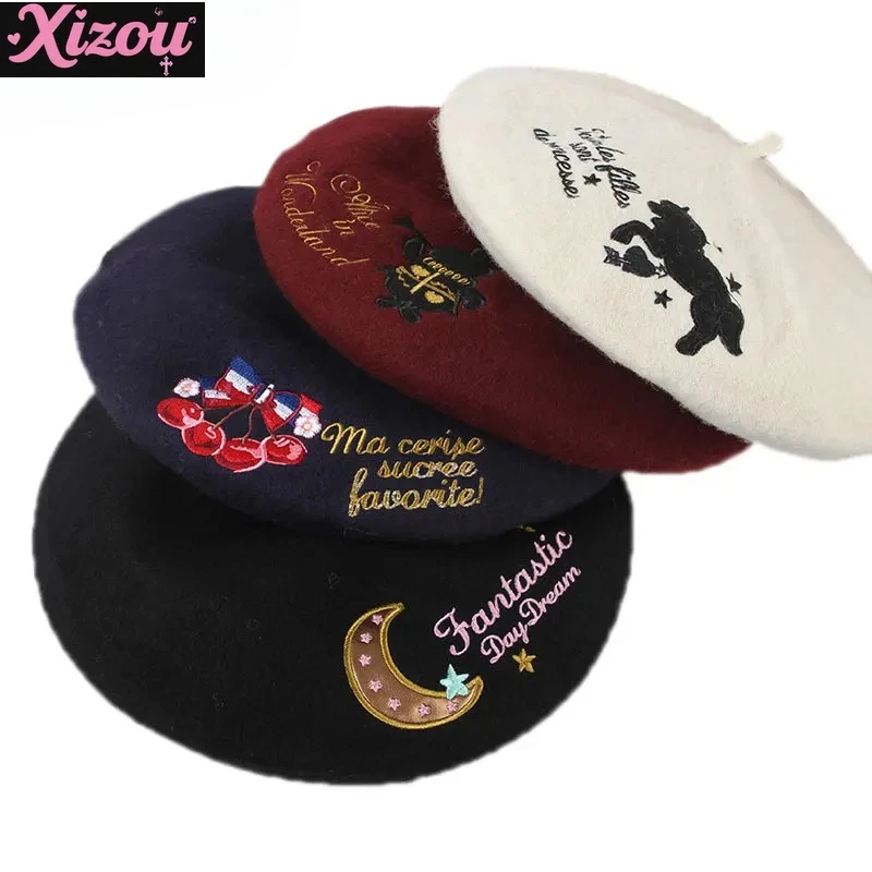 

Japanese embroidered beret female autumn and winter new jk uniform cute female painter hats woolen soft girl lolita biscuits