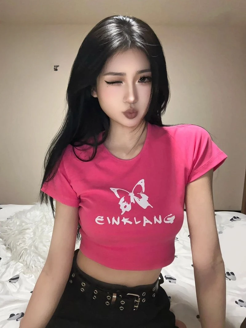 Shpmishal American Retro Pure Desire Tee Y2k Millennium Spicy Girl Butterfly Short Dance Instagram Summer Short Sleeve T-shirt