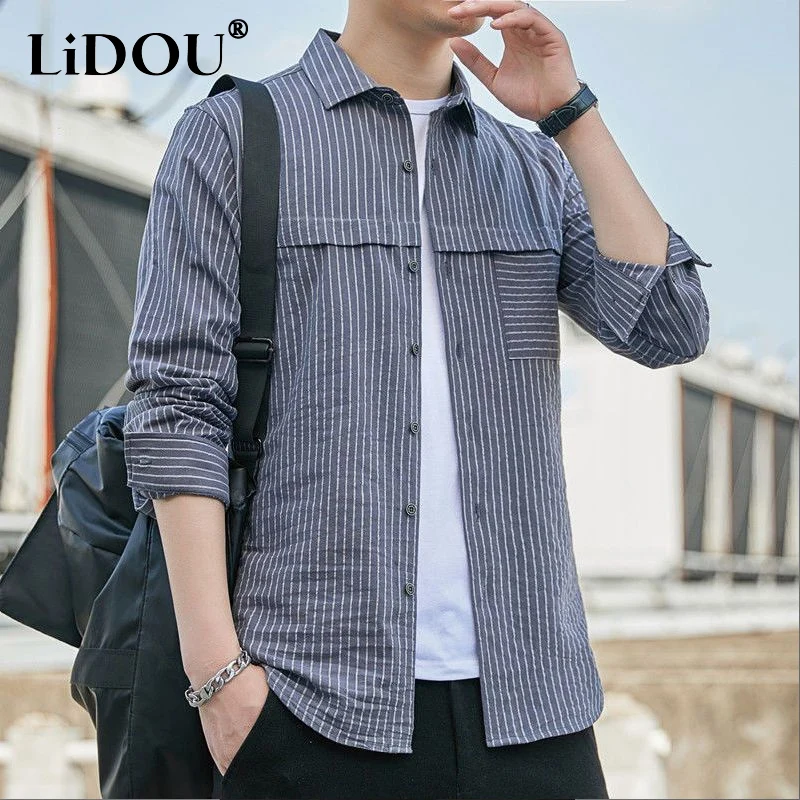 

2023 Spring Autumn New Solid Color Turn-down Collar Cotton Shirt Man Single Breasted Long Sleeve Loose Comfortable Cardigan