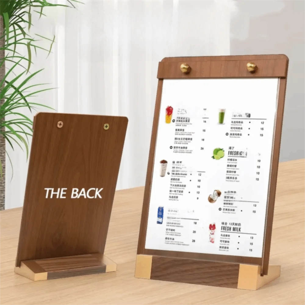

A4/A5 Walnut Wood Menu Clipboard Non-slip Base Horizontal/Vertical Table Top Sign Display Shelf Detachable