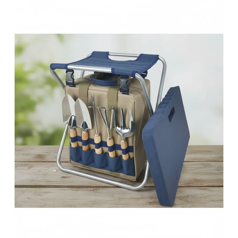

Folding Garden Stool with 5 Tools & Kneeler Pad - Ergonomic Gardening Seat for Mother's Day Gifts (Navy Blue)