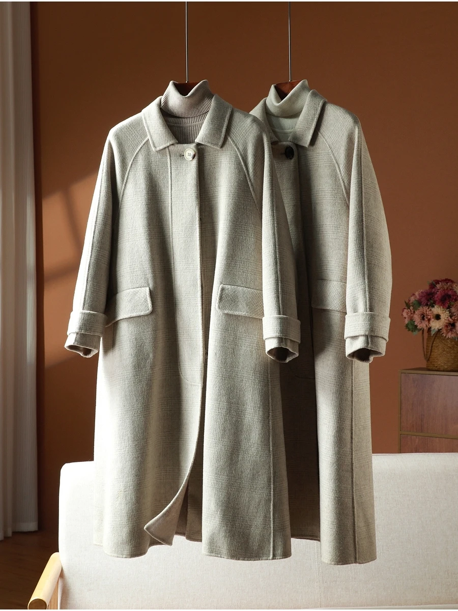 Autumn Winter Double-Faced Woolen Plaid Midi Coat Loose Collar Outerwear Women's Premium Woolen Jacket Nylon Fiber Blend
