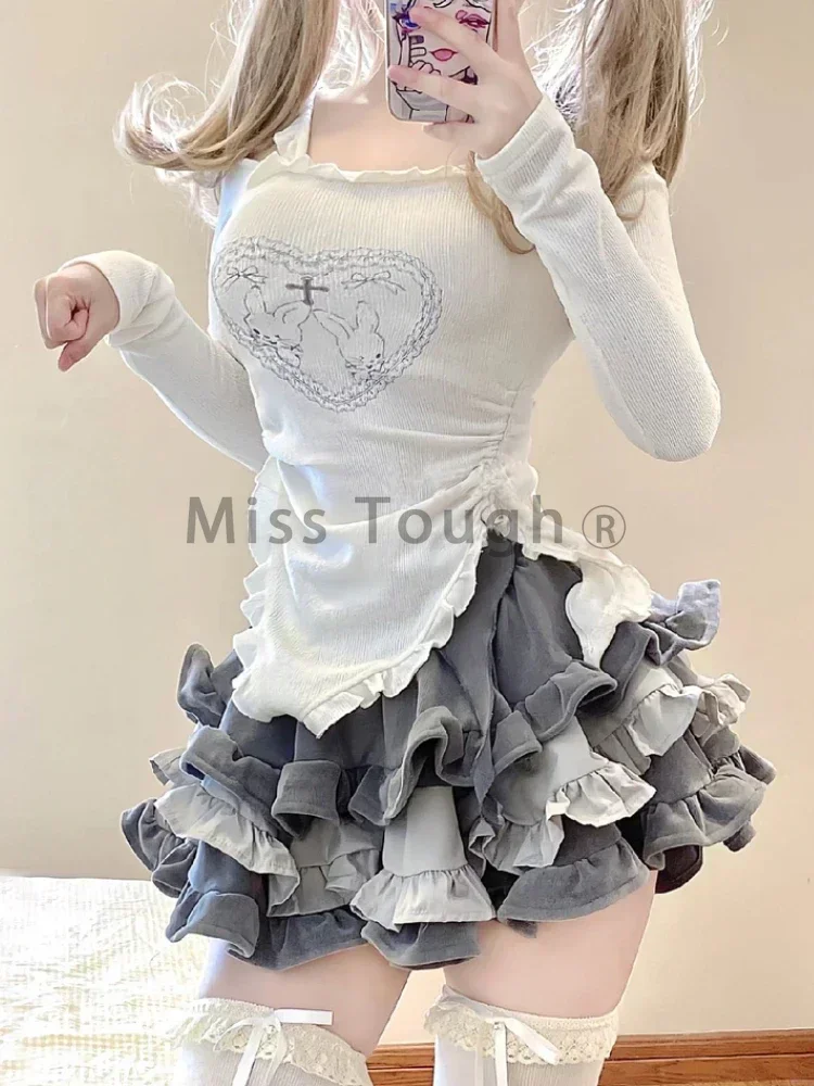 Autumn Japanese Kawaii Two Piece Set Women Sweet Rabbit Print Cute Skirt Suit Female Korean Slim Tops＋Princess Cake Skirt 2024