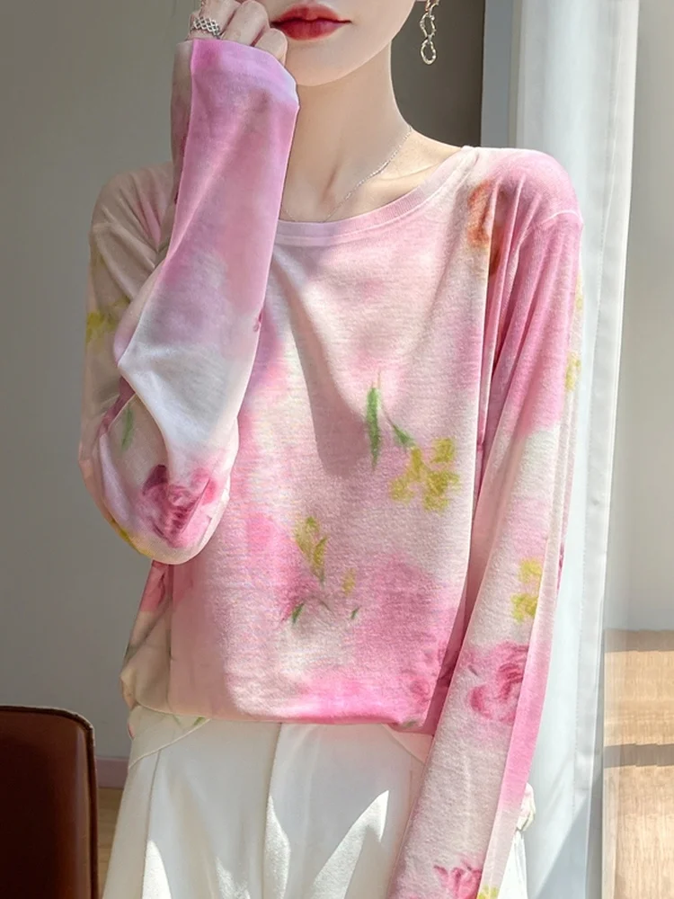 أنيقة طباعة أوائل الخريف رقيقة صغيرة irt طويلة Sve جولة Ne مطبوعة تي شيرت الداخلية لينة متماسكة قاعدة سترة عادية Sle Loo...