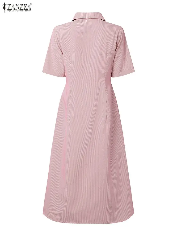 Office Women Dresses ZANZEA 2025 Summer Striped Dress Stylish OL Work Sundress Vestido Elegant Lapel Neck Short Sleeve Midi Robe