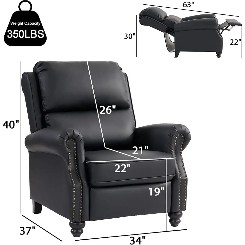 Pushback Recliner Chair aux Leather Armchair Push Back Recliner with Rivet Decoration Single Soa Accent Chair or Living Room, Bl