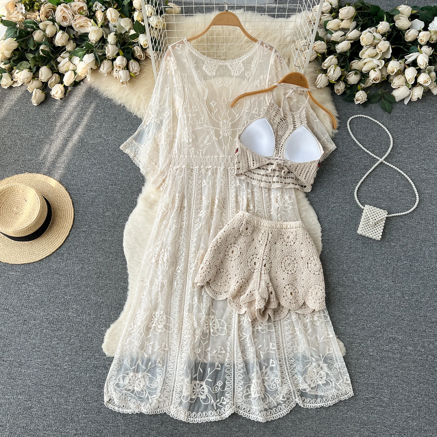 

Trendy Ethnic Sle Long Lace Embroidered awl Cardigan with Chest Pad Hanging Ne Tube Top And orts Tee Piece Set for ...