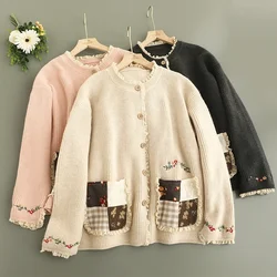 Spring New Japanese Sweet Mori Girl Embroidered Sweater Cardigan Women O-Neck Long Sleeve Single Breasted Knitted Sweater Tops