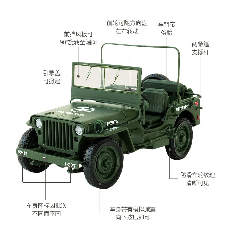 1:18 Willis Taktisches Jeep-Legierungsmodell aus dem Zweiten Weltkrieg, Simulation eines Militärpanzers, Geländewagen-Ornament, fortschrittliche Sammlung