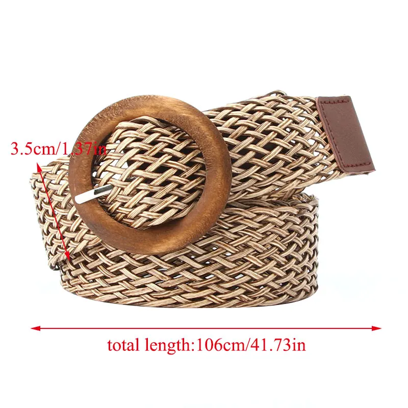 Vintage Braided Waist Belt Summer Solid Female Belt Round Wooden Buckle Fake Straw Wide Elasticity Belts For Women